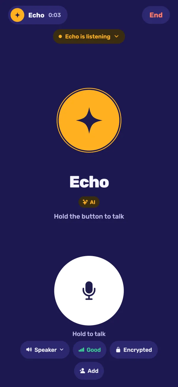שיחה עם Echo, AI. תווית ענבר בראש המסך: Echo is listening.